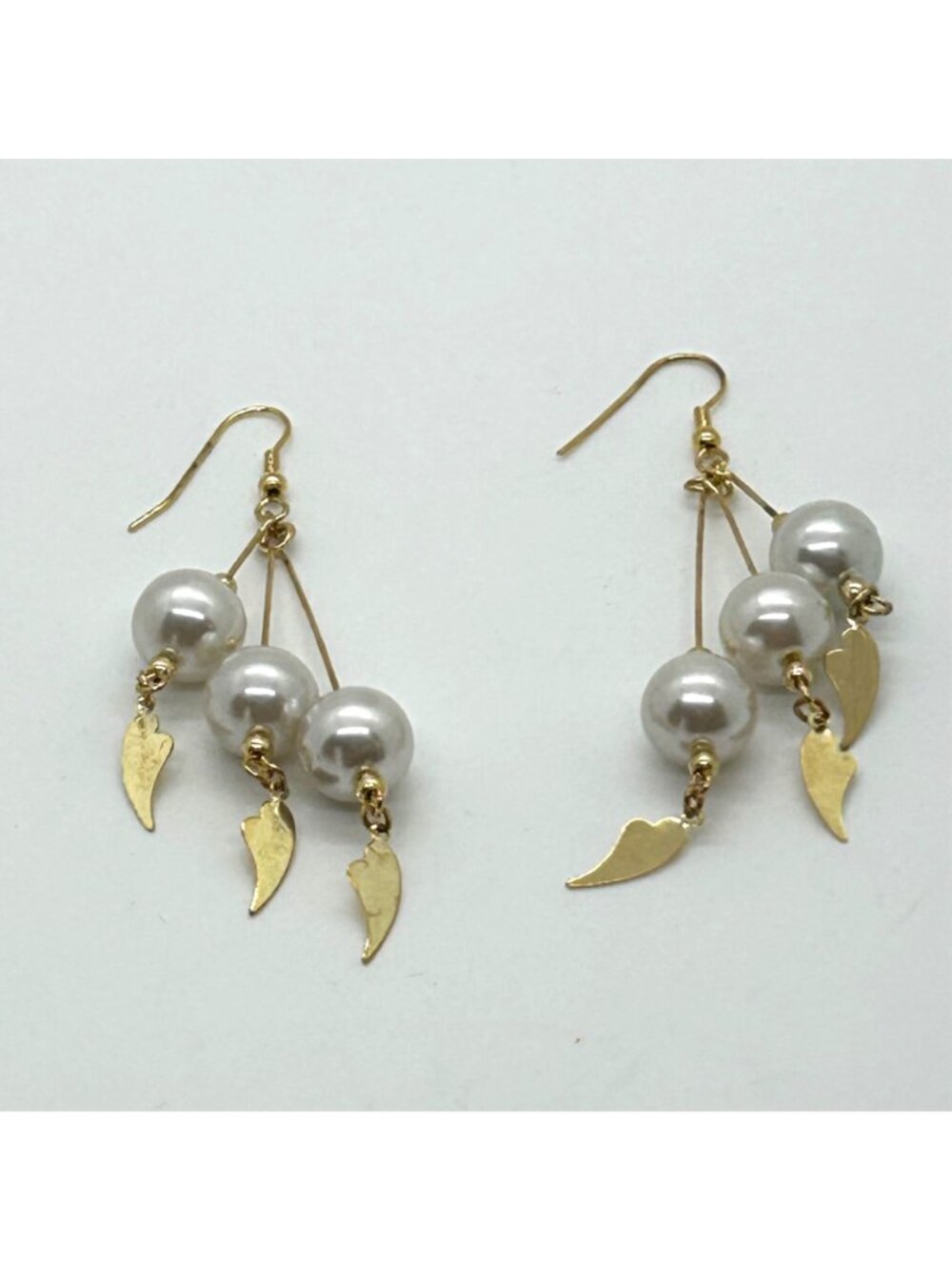 Vintage Gold--tone Faux Pearl Dangle Earrings With Leaf Charms Statement 3.25 in - Picture 3 of 14